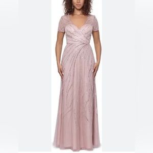 Xscape Short Sleeve Beaded Mesh V-Neck A-Line Gown  Pink Size 6